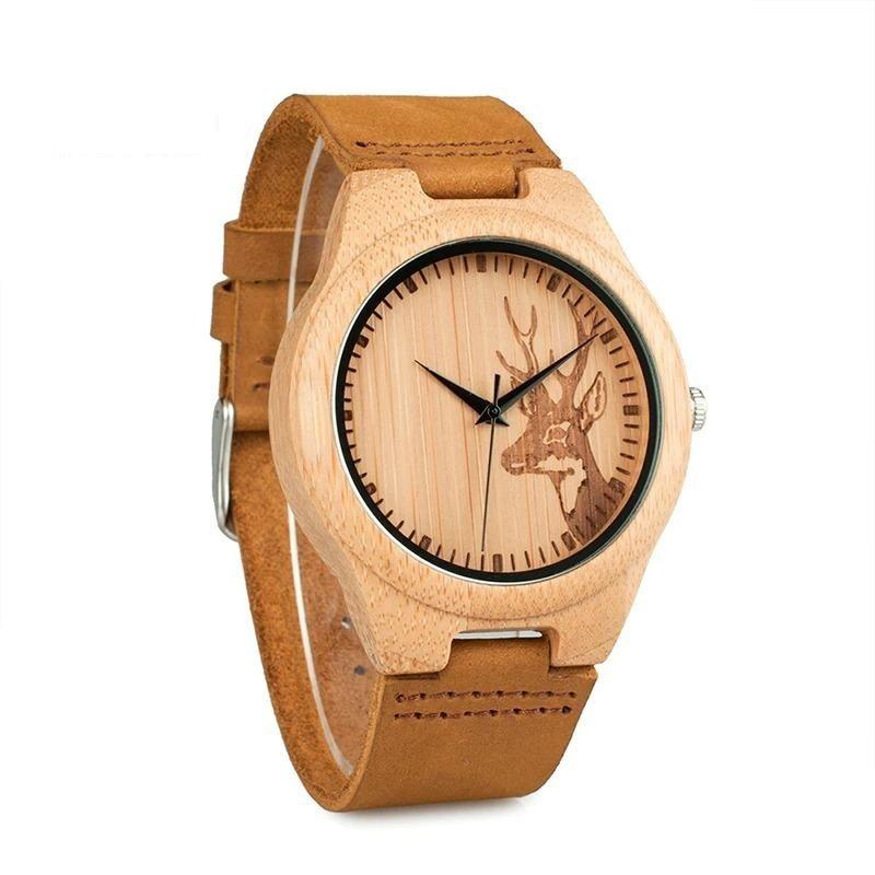 Lovers Elk Deer Head Bamboo Wooden Watch with Genuine Brown Leather Strap