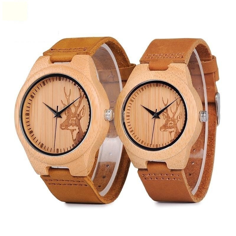 Lovers Elk Deer Head Bamboo Wooden Watch with Genuine Brown Leather Strap