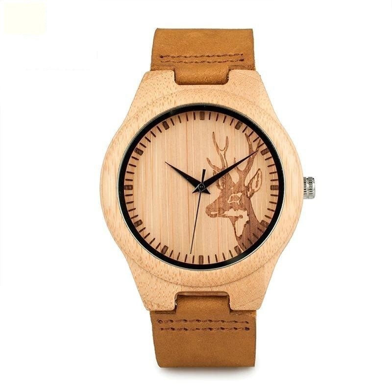 Lovers Elk Deer Head Bamboo Wooden Watch with Genuine Brown Leather Strap