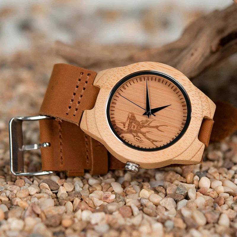 Lovers Elk Deer Head Bamboo Wooden Watch with Genuine Brown Leather Strap