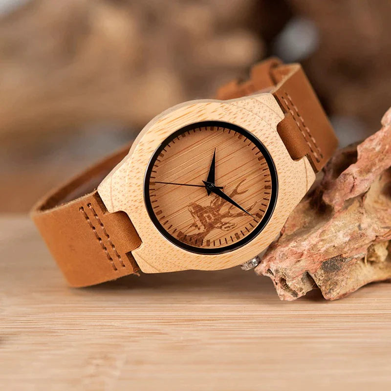 Lovers Elk Deer Head Bamboo Wooden Watch with Genuine Brown Leather Strap