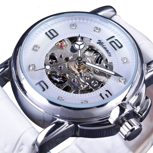 Luxury Ladies Diamond Display White Skeleton Transparent Case Watches