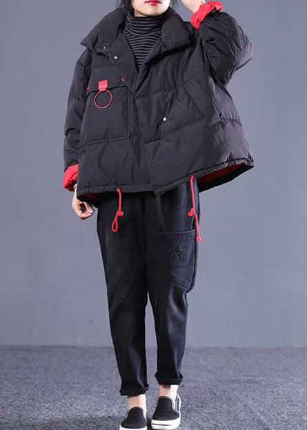  new black plus size clothing stand collar quilted coat Elegant drawstring pockets down coat -  - DYAVOR® 