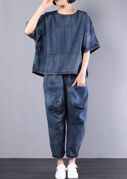  new denim blue cotton short sleeve o neck tops and big pockets pants two pieces - Tops - DYAVOR® 