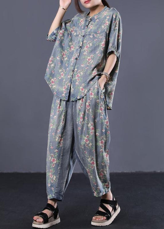  new loose small floral Cinched tops denim two pieces - Tops - DYAVOR® 