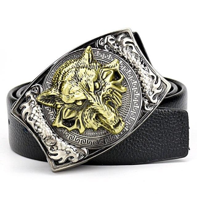 Plus Size Unisex Luxury Leather Strap Belt with Retro Animal Metal Buckle