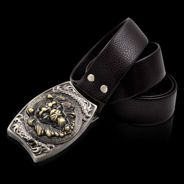 Plus Size Unisex Luxury Leather Strap Belt with Retro Animal Metal Buckle