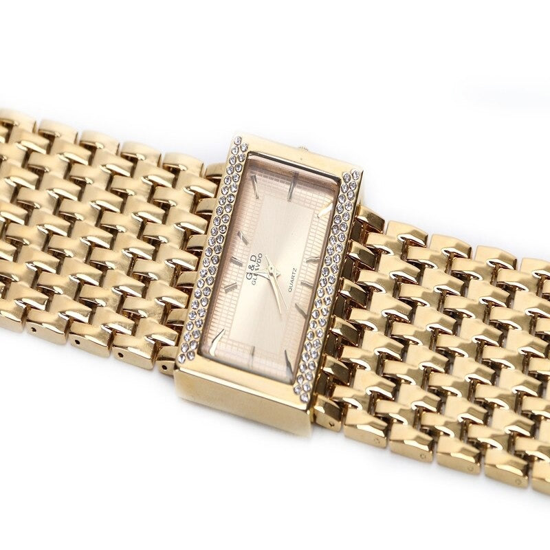 Stainless Steel Chain Fashion Gold Quartz Square Watch for Women