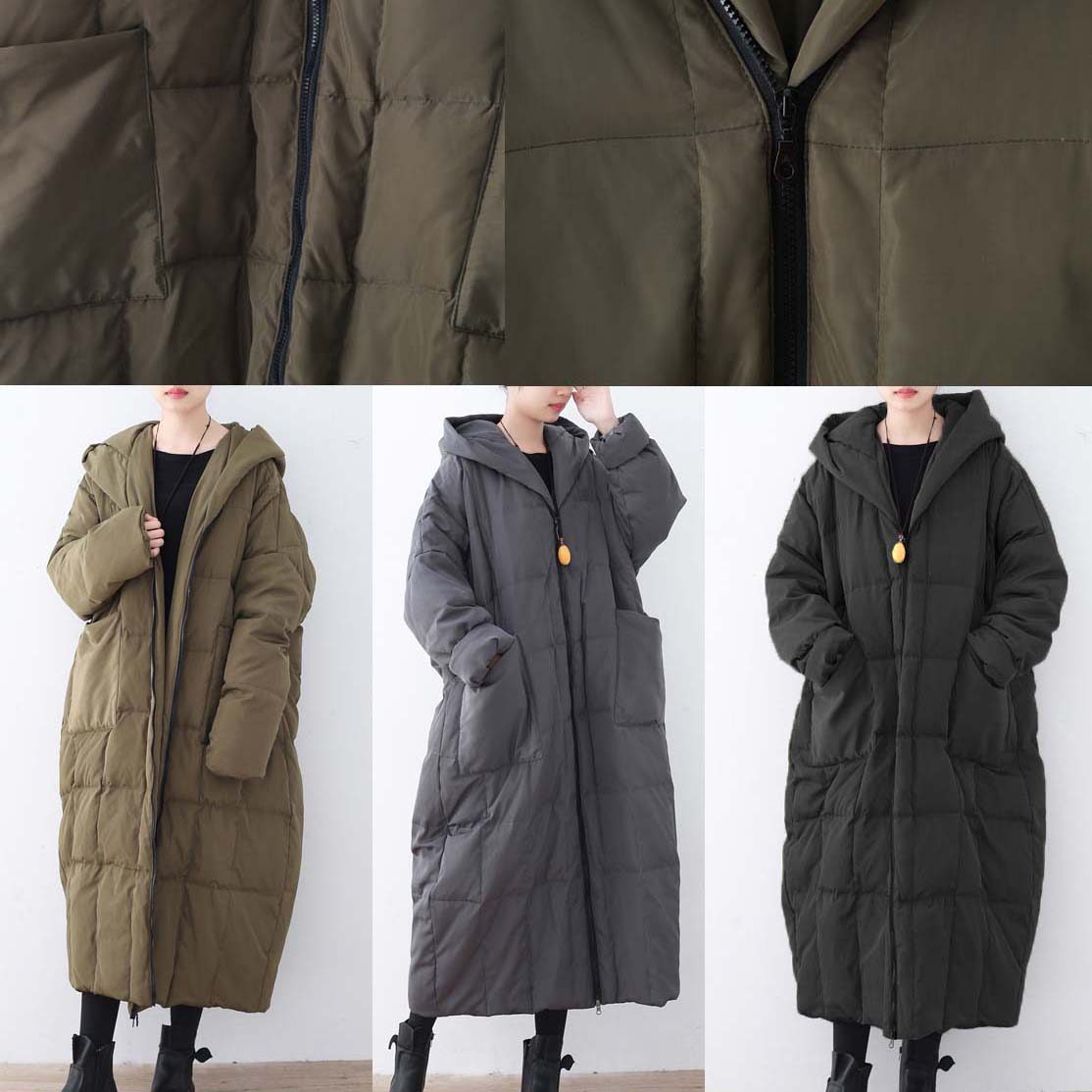  thick blackish green Puffers Jackets plus size clothing down coat Casual hooded overcoat warm thick -  - DYAVOR® 