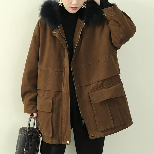  thick brown winter parkas casual snow jackets winter faux fur collar overcoat - Down Jackets - DYAVOR® 