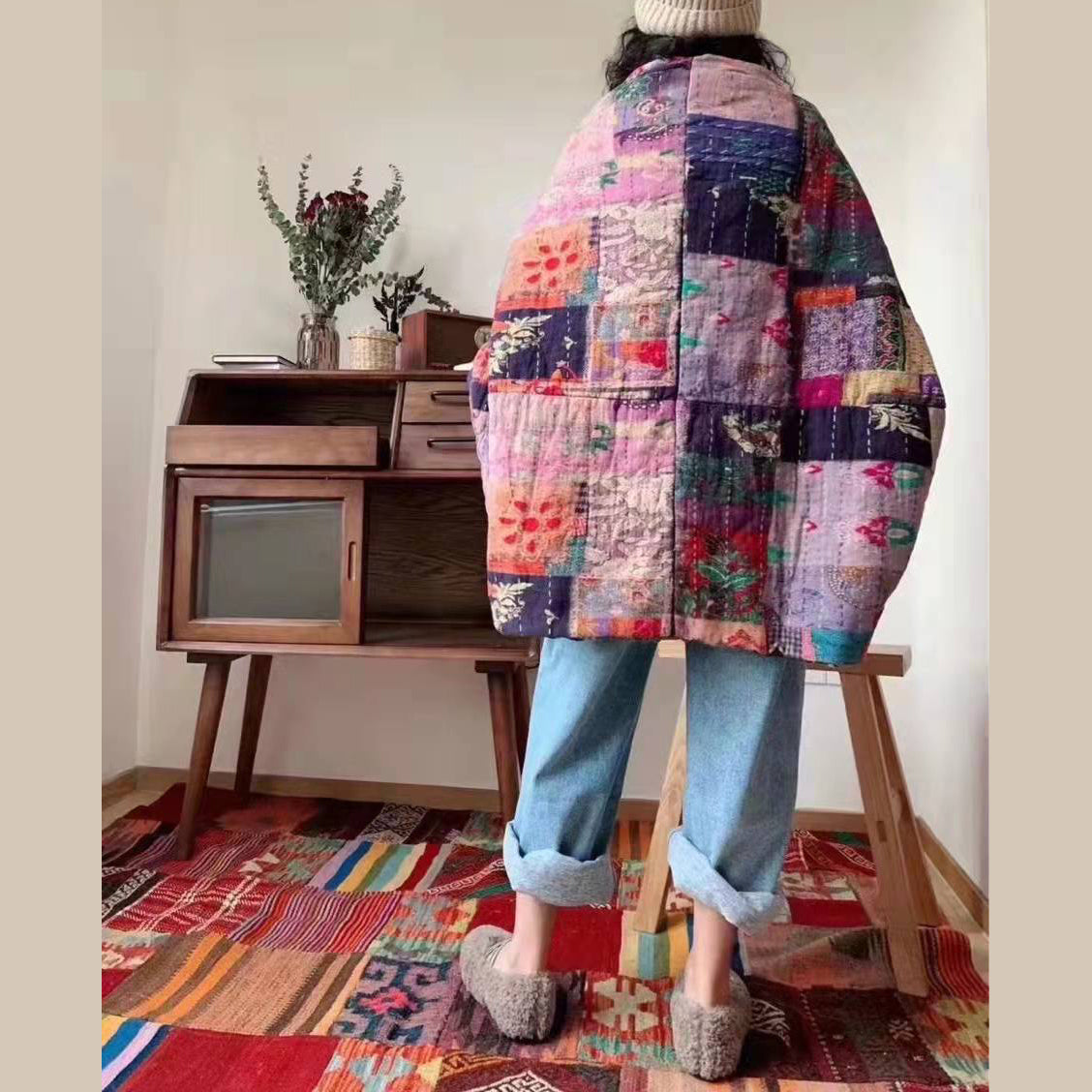  thick prints outwear plus size clothing snow jackets patchwork v neck overcoat -  - DYAVOR® 