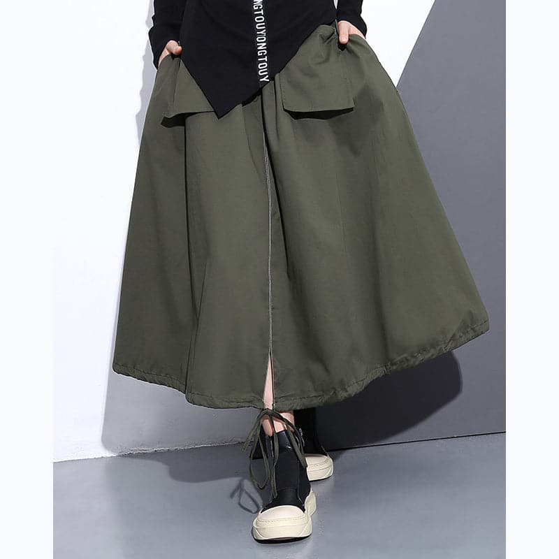  fine army green natural cotton skirt oversize A line skirts traveling boutique pockets drawstring cotton skirt -  - DYAVOR® 