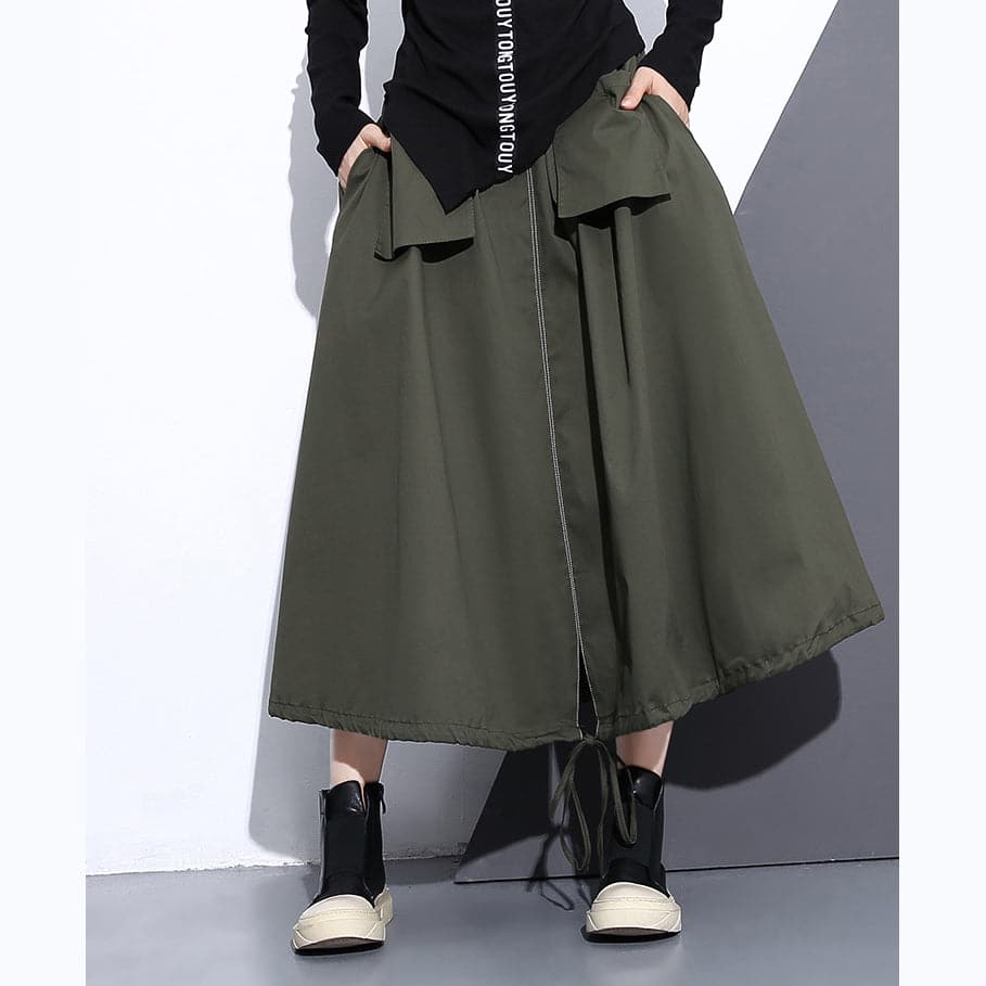  fine army green natural cotton skirt oversize A line skirts traveling boutique pockets drawstring cotton skirt -  - DYAVOR® 