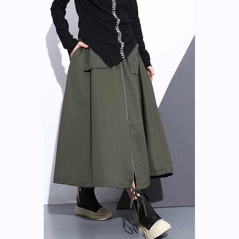  fine army green natural cotton skirt oversize A line skirts traveling boutique pockets drawstring cotton skirt -  - DYAVOR® 