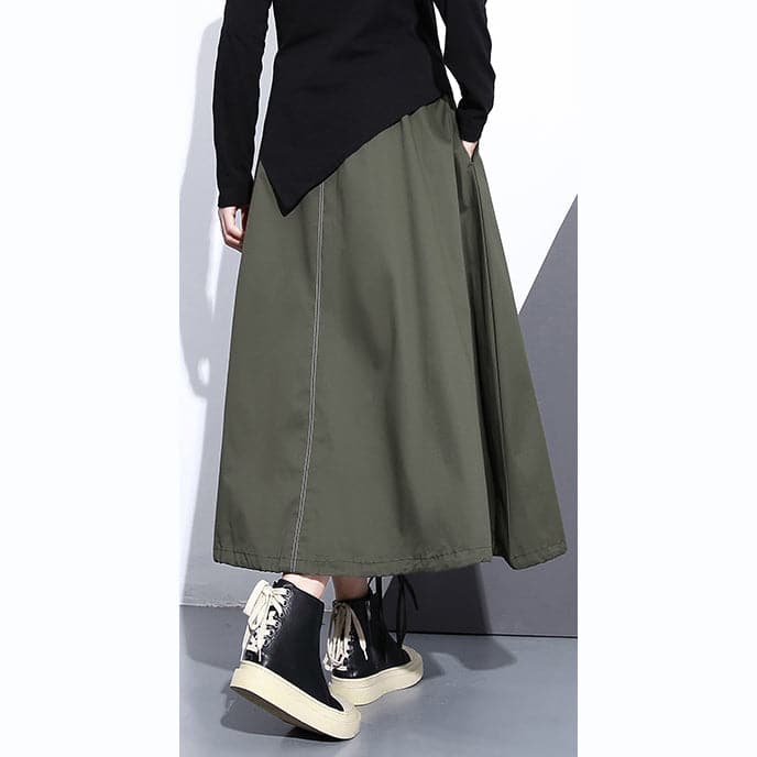  fine army green natural cotton skirt oversize A line skirts traveling boutique pockets drawstring cotton skirt -  - DYAVOR® 