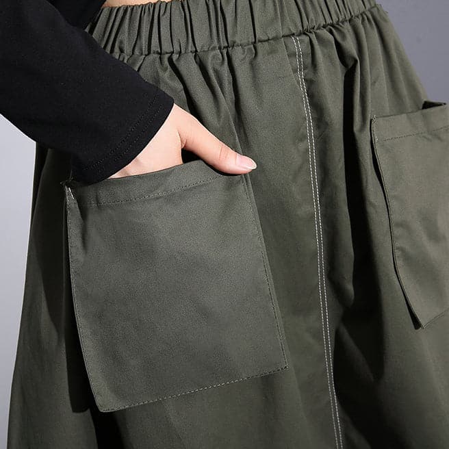  fine army green natural cotton skirt oversize A line skirts traveling boutique pockets drawstring cotton skirt -  - DYAVOR® 