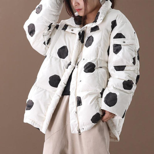  black dotted duck down coat plus size down jacket stand collar zippered Elegant coats -  - DYAVOR® 