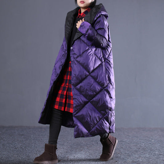  fine purple winter oversize hooded Parka Luxury pockets zippered cotton overcoat -  - DYAVOR® 