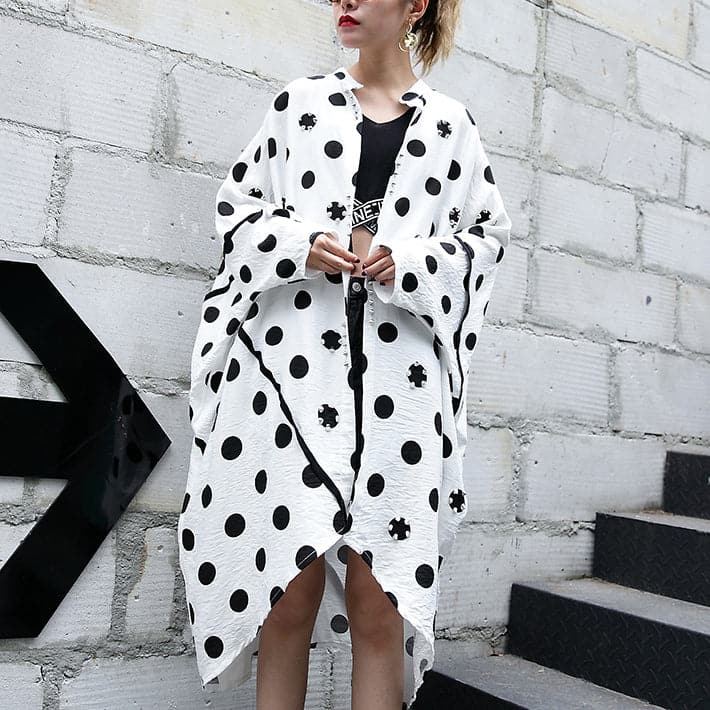  fine white cotton dotted prints thin cardigans oversized linen batwing sleeve trench coat stand collar coats -  - DYAVOR® 