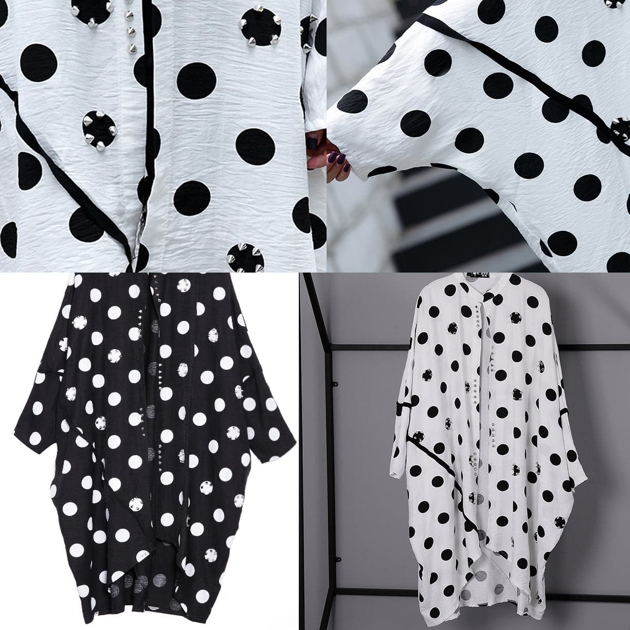  fine white cotton dotted prints thin cardigans oversized linen batwing sleeve trench coat stand collar coats -  - DYAVOR® 