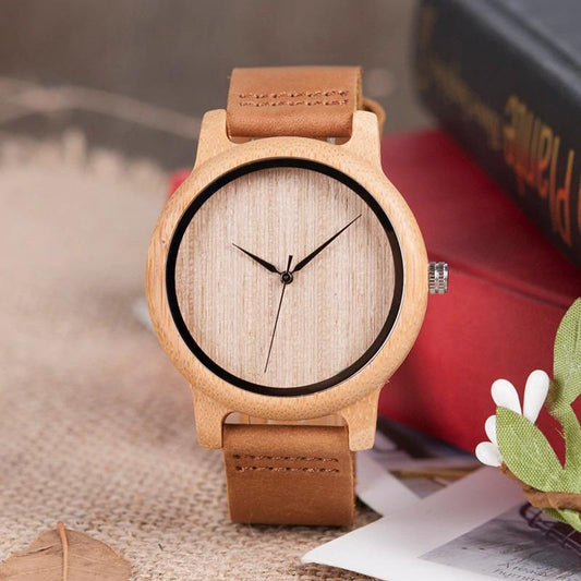 Unisex Bamboo Wooden Quartz Wristwatches with Genuine Leather Band