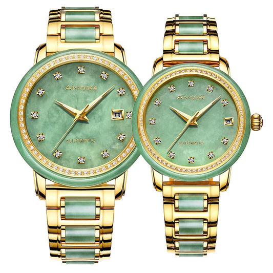 Unisex Jade Diamond Automatic Mechanical Hollow Emerald Wrist Watch