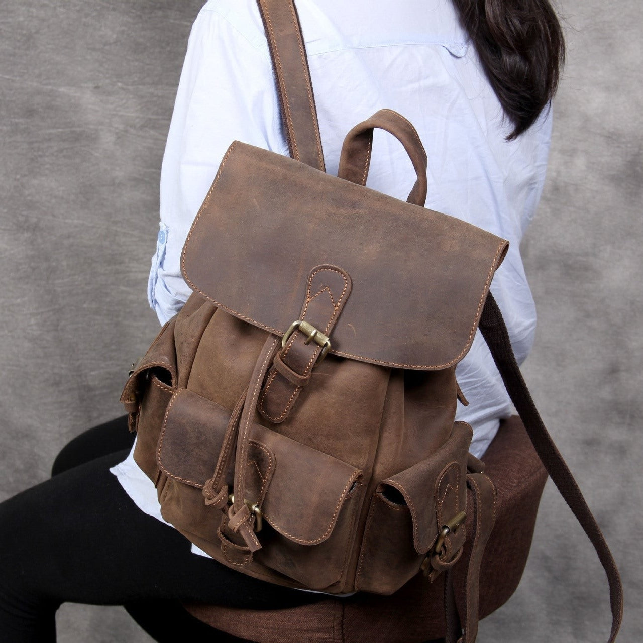  Unisex Vintage Designer Handmade Crazy Horse Leather Backpack - Backpacks - DYAVOR® 