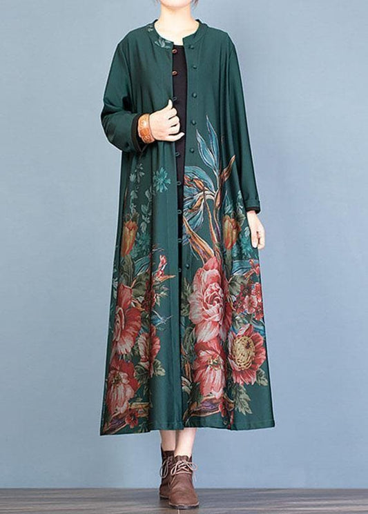  vintage green prints Coat Women oversize long coat fall trench coats o neck -  - DYAVOR® 