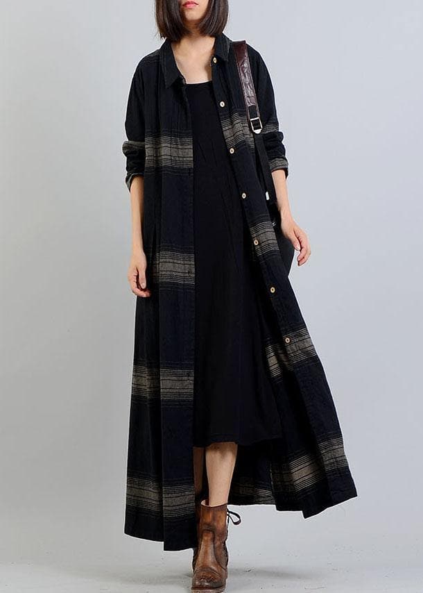  vintage plus size clothing trench coat fall black plaid lapel Button coats -  - DYAVOR® 