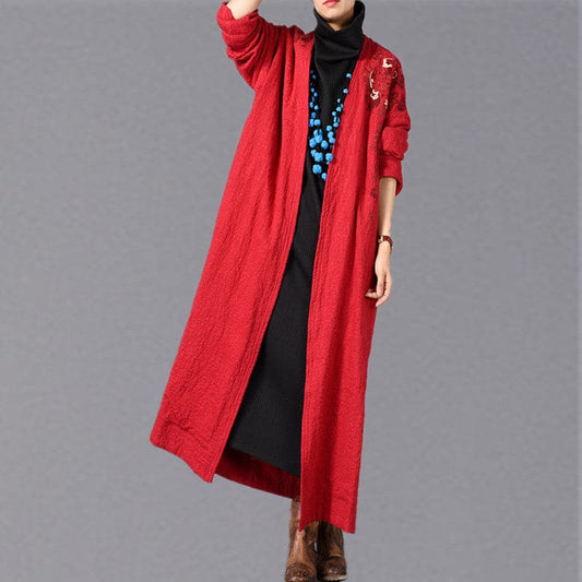 vintage red coats plus size embroidery baggy trench coat vintage side open coats -  - DYAVOR® 