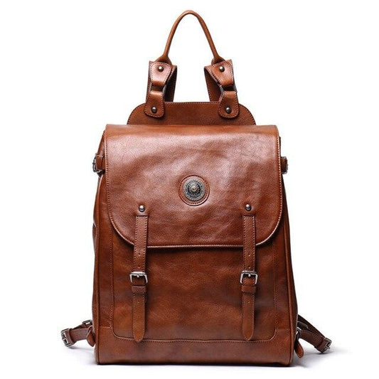  Vintage Unisex Brown Coffee Genuine Leather 14'' 15.6'' Laptop Backpack - Backpacks - DYAVOR® 