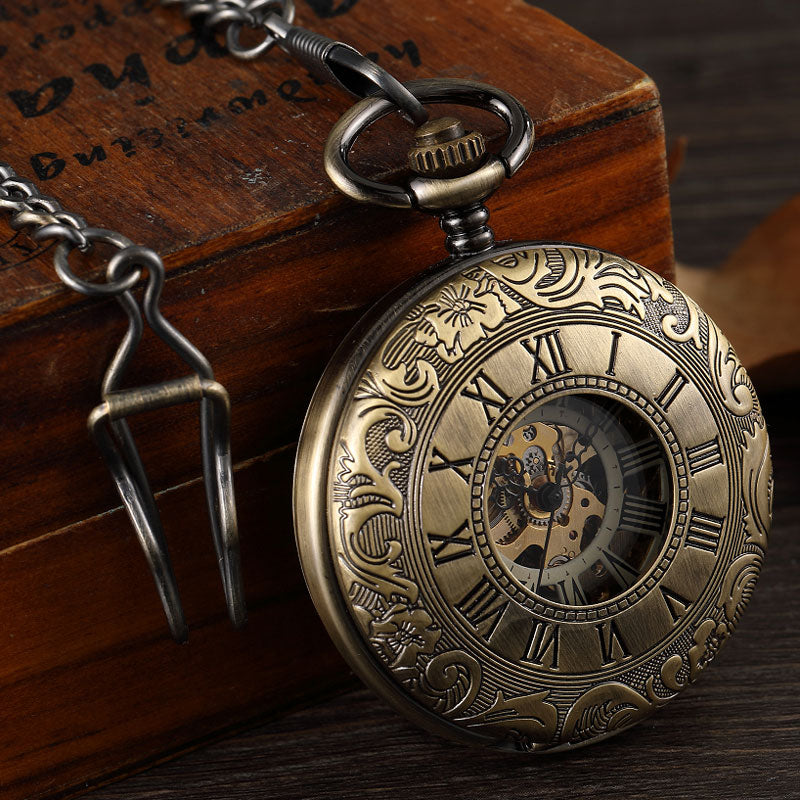 Vintage Unisex Double Sided Mechanical Hollow Steampunk Skeleton Pocket Watch