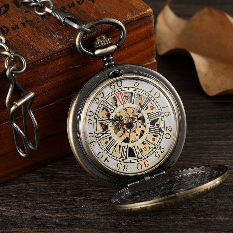Vintage Unisex Double Sided Mechanical Hollow Steampunk Skeleton Pocket Watch