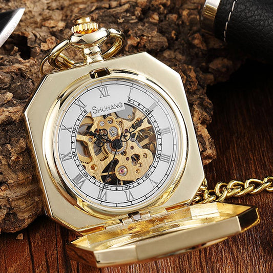  Vintage Unisex Gold Skeleton Square Hand Wind Mechanical Pocket FOB Watch - Unisex Style Watches - DYAVOR® 