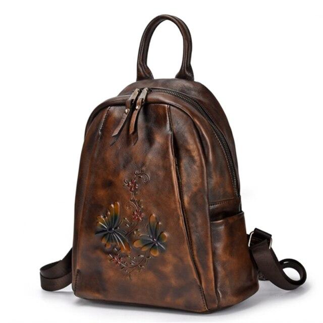  Vintage Women's Genuine Leather Flower Design Zipper Travel Bag Backpack - Backpacks - DYAVOR® 