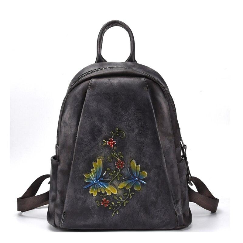 Vintage Women's Genuine Leather Flower Design Zipper Travel Bag Backpack - Backpacks - DYAVOR® 