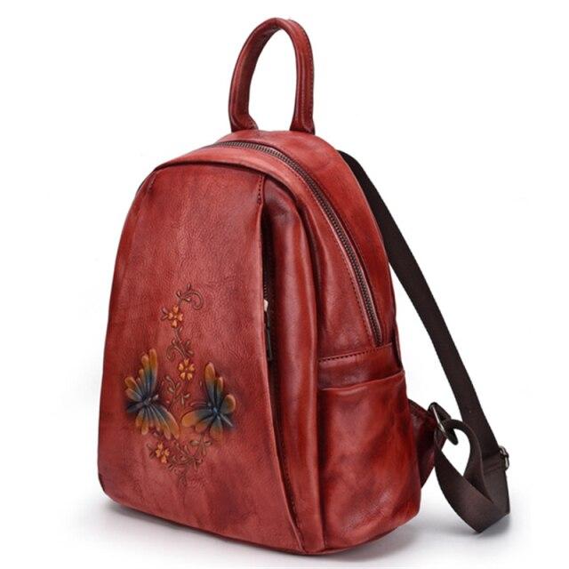  Vintage Women's Genuine Leather Flower Design Zipper Travel Bag Backpack - Backpacks - DYAVOR® 