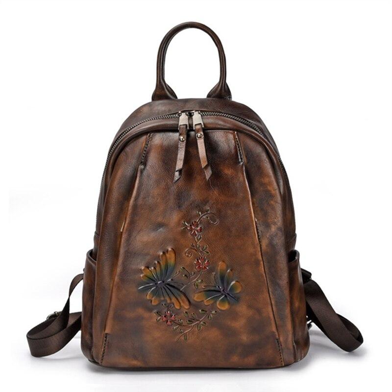  Vintage Women's Genuine Leather Flower Design Zipper Travel Bag Backpack - Backpacks - DYAVOR® 