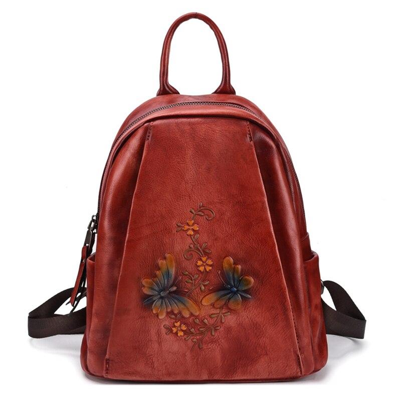  Vintage Women's Genuine Leather Flower Design Zipper Travel Bag Backpack - Backpacks - DYAVOR® 