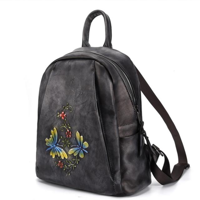  Vintage Women's Genuine Leather Flower Design Zipper Travel Bag Backpack - Backpacks - DYAVOR® 