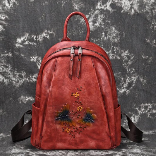  Vintage Women's Genuine Leather Flower Design Zipper Travel Bag Backpack - Backpacks - DYAVOR® 