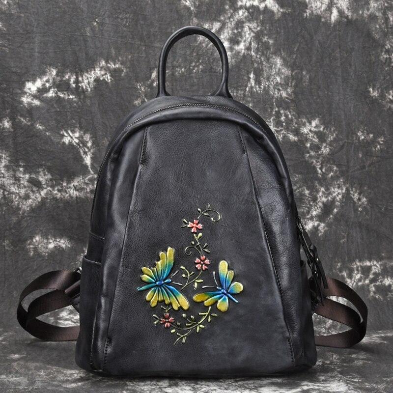  Vintage Women's Genuine Leather Flower Design Zipper Travel Bag Backpack - Backpacks - DYAVOR® 
