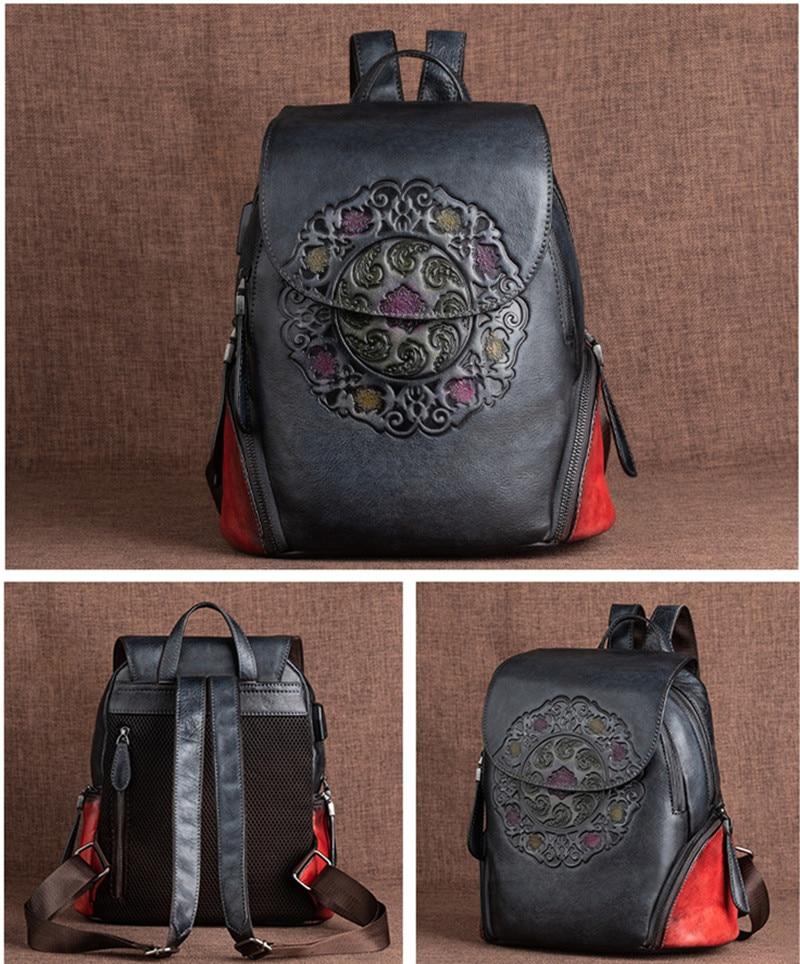  Vintage Women's Genuine Leather School Bag Backpack with USB Charging - Backpacks - DYAVOR® 