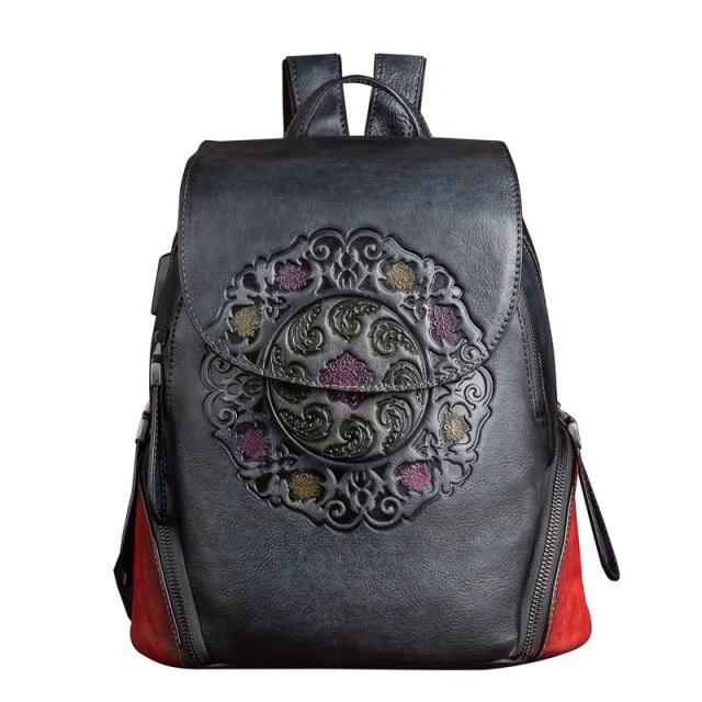  Vintage Women's Genuine Leather School Bag Backpack with USB Charging - Backpacks - DYAVOR® 