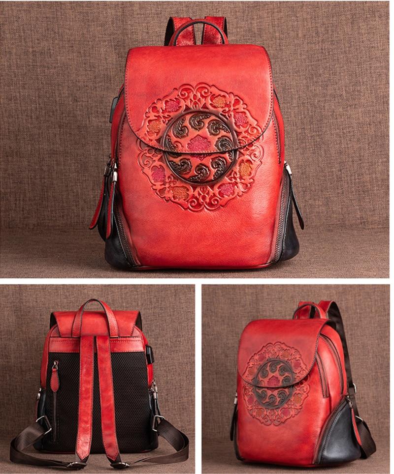  Vintage Women's Genuine Leather School Bag Backpack with USB Charging - Backpacks - DYAVOR® 