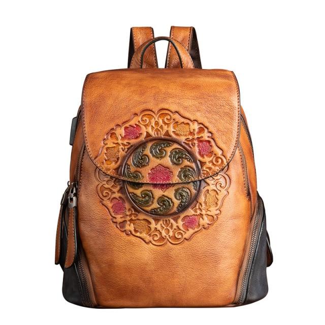 Vintage Women's Genuine Leather School Bag Backpack with USB Charging - Backpacks - DYAVOR® 