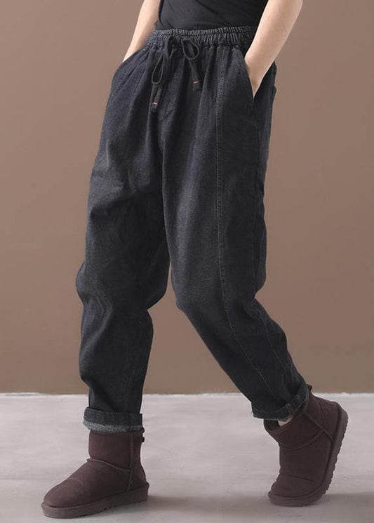 winter new denim black loose pants drawstring thick women trousers