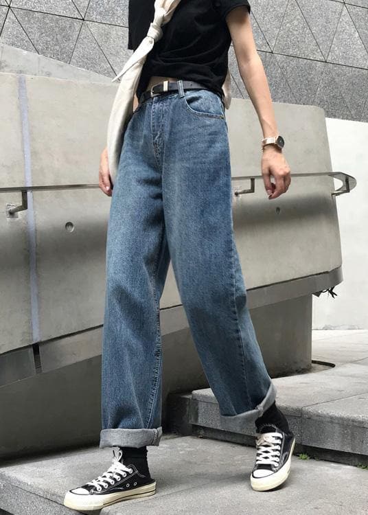  winter vintage denim blue pants high waist wide leg trousers -  - DYAVOR® 