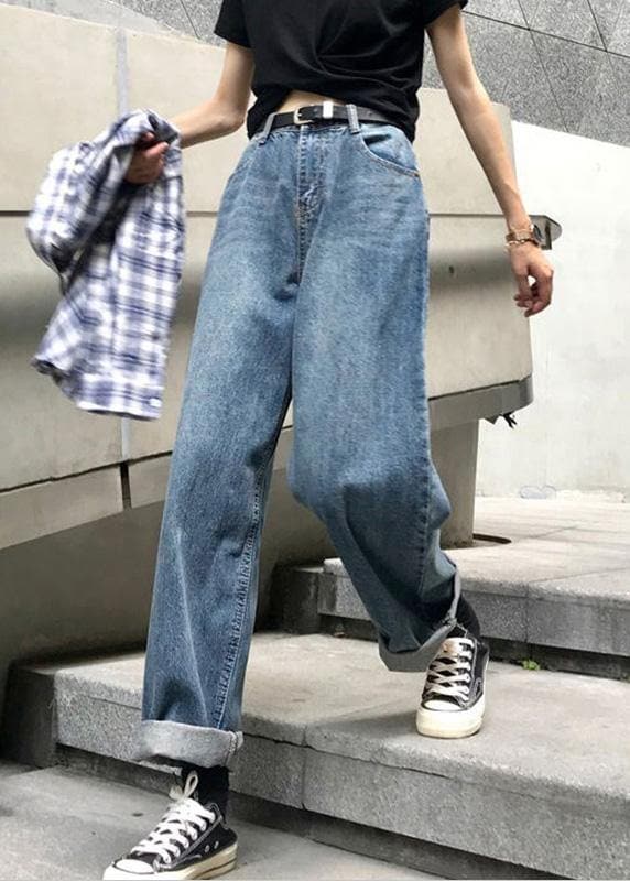  winter vintage denim blue pants high waist wide leg trousers -  - DYAVOR® 