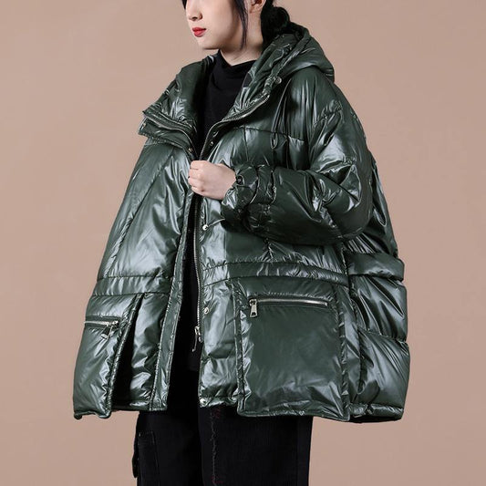  women oversize winter jacket coats blackish green hooded zippered down coat - Down Jackets - DYAVOR® 